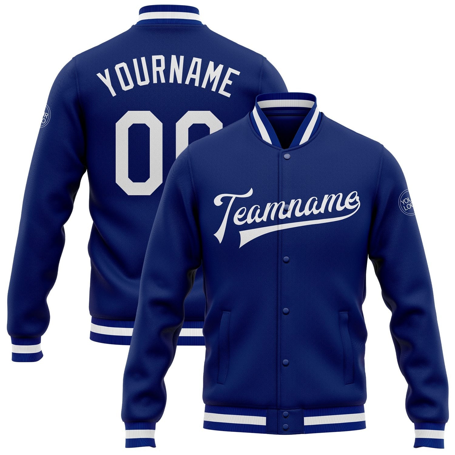 Custom Royal White Bomber Full-Snap Varsity Letterman Jacket photo 1