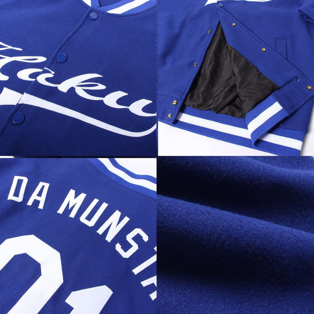 Custom Royal White Bomber Full-Snap Varsity Letterman Jacket photo 4