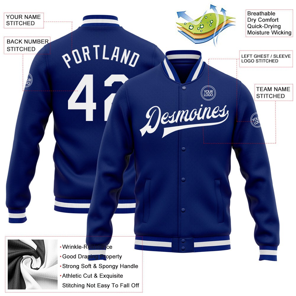 Custom Royal White Bomber Full-Snap Varsity Letterman Jacket photo 5
