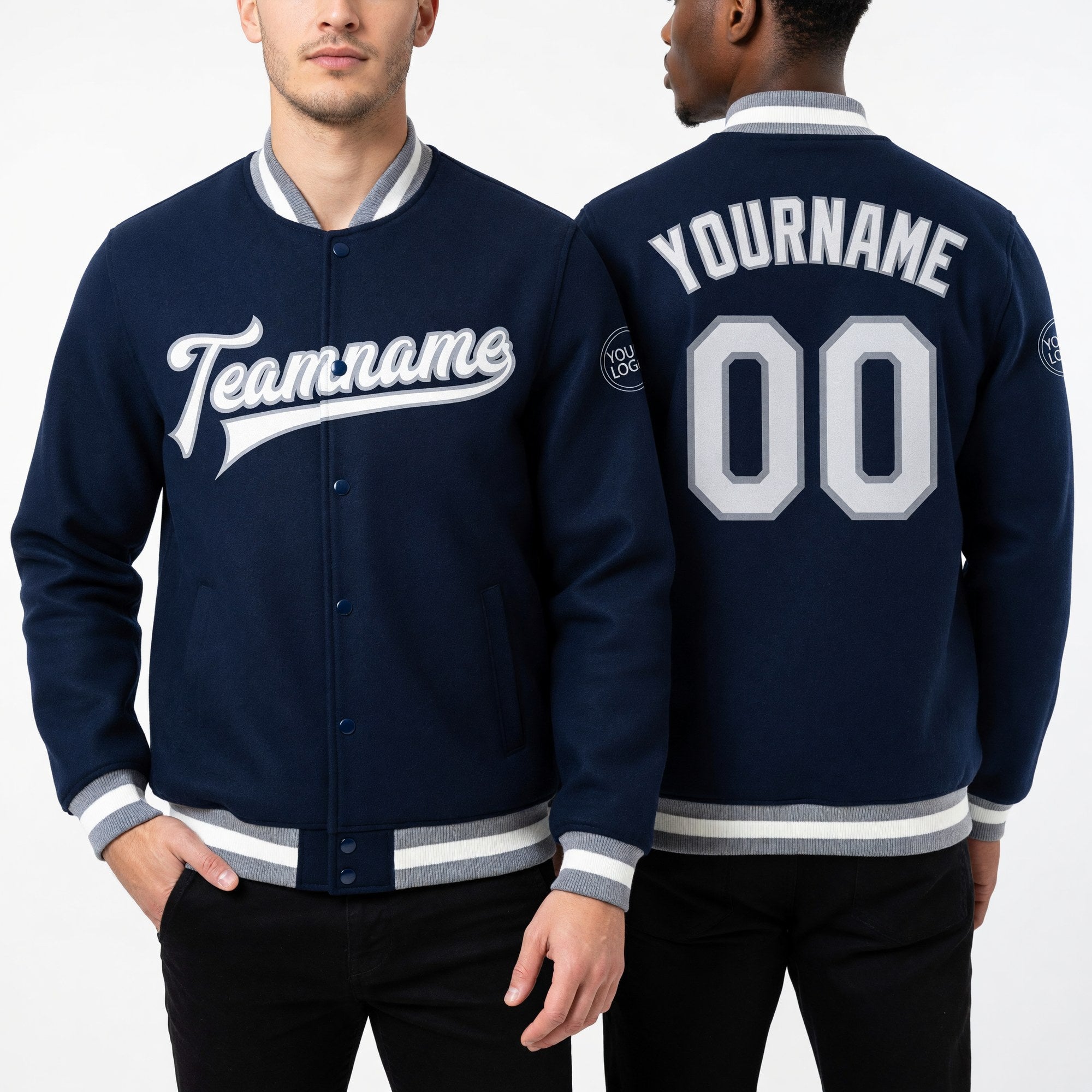 Custom Royal White-Gray Bomber Full-Snap Varsity Letterman Jacket worn front and back