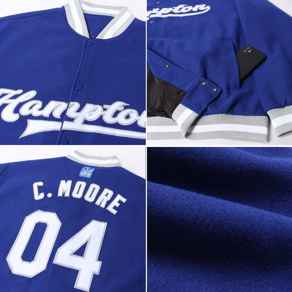 Custom Royal White-Gray Bomber Full-Snap Varsity Letterman Jacket photo 4