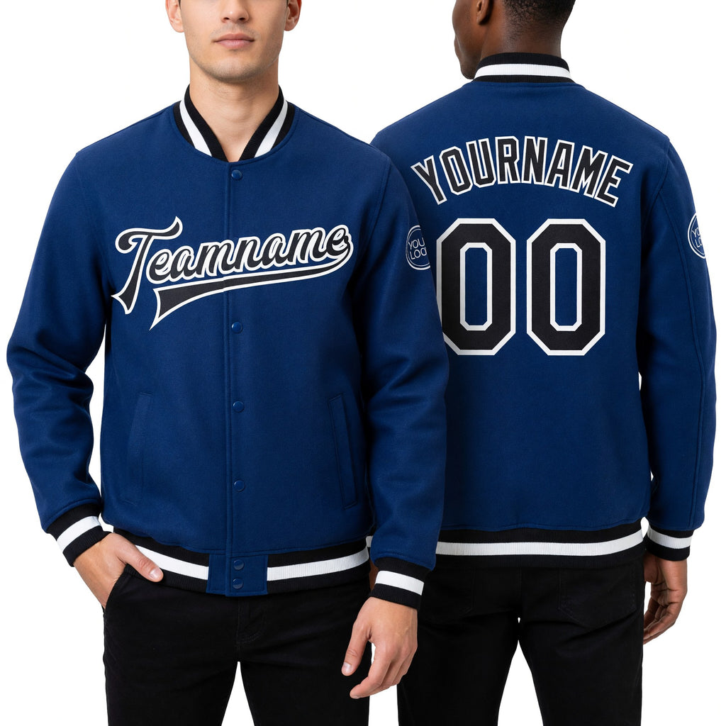 Custom Royal Black-White Bomber Full-Snap Varsity Letterman Jacket worn front and back