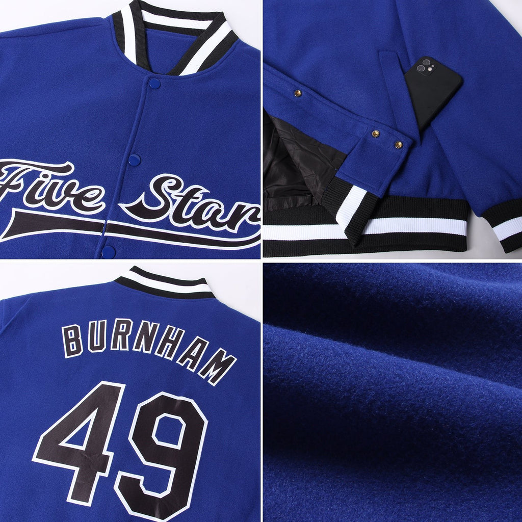 Custom Royal Black-White Bomber Full-Snap Varsity Letterman Jacket photo 4