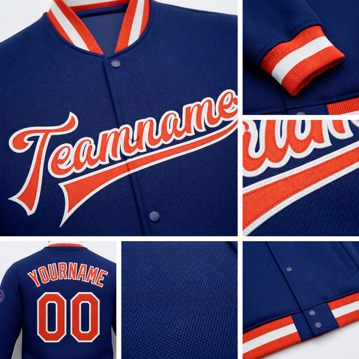 Custom Royal Orange-White Bomber Full-Snap Varsity Letterman Jacket detail