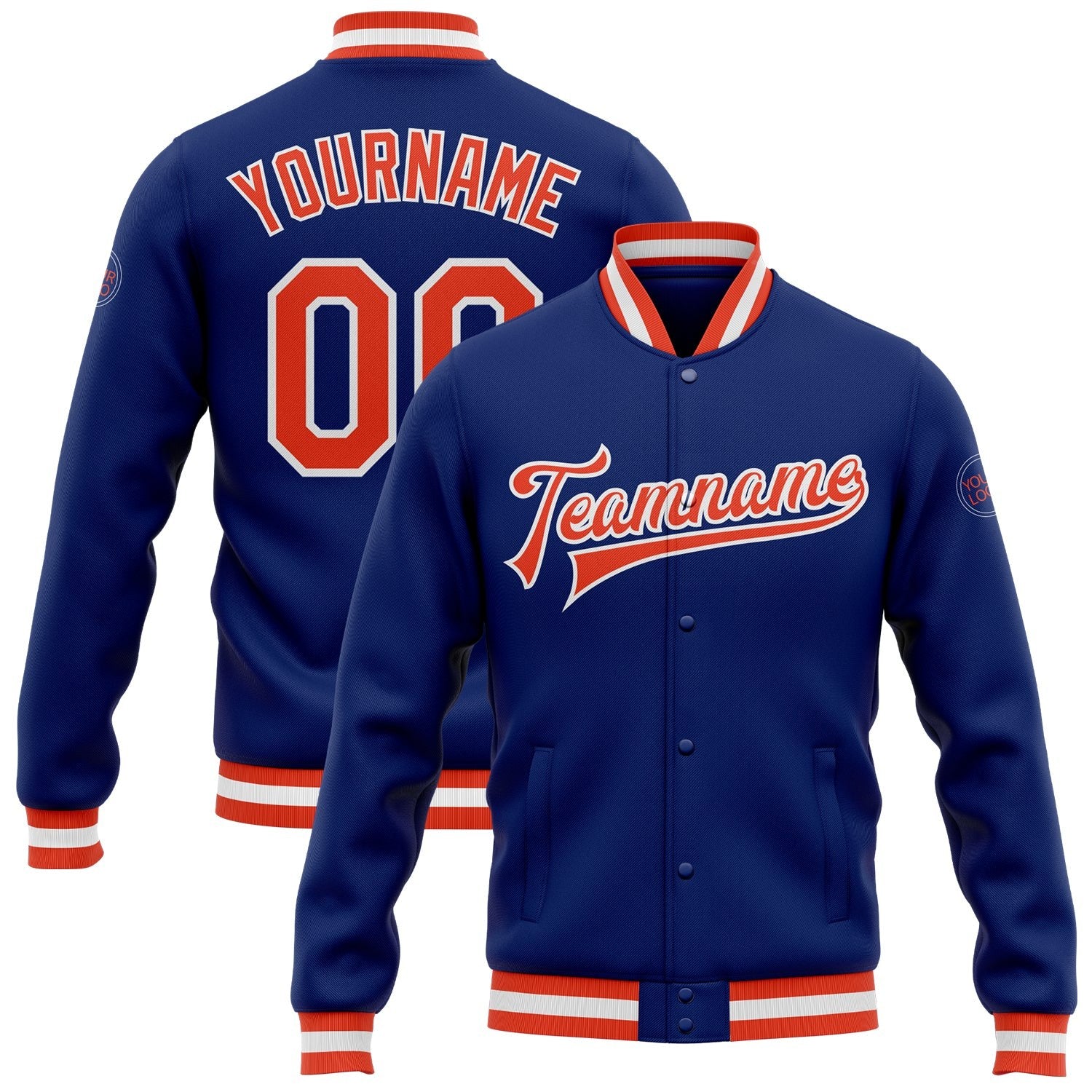 Custom Royal Orange-White Bomber Full-Snap Varsity Letterman Jacket photo 1