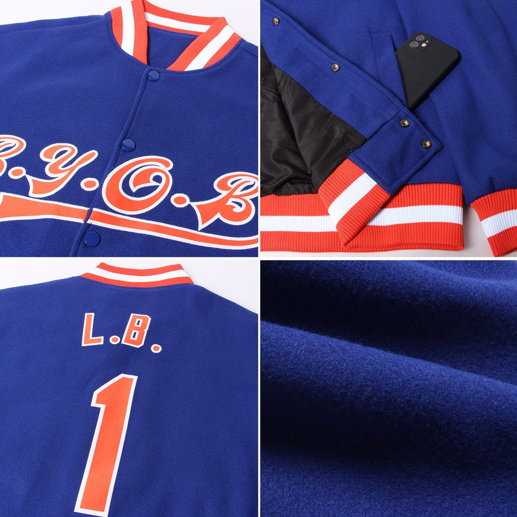 Custom Royal Orange-White Bomber Full-Snap Varsity Letterman Jacket photo 4