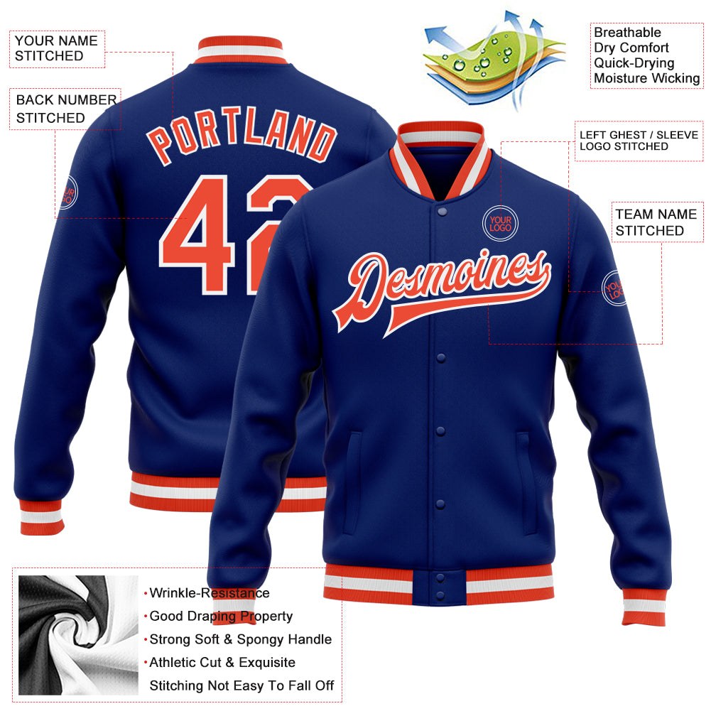 Custom Royal Orange-White Bomber Full-Snap Varsity Letterman Jacket photo 5