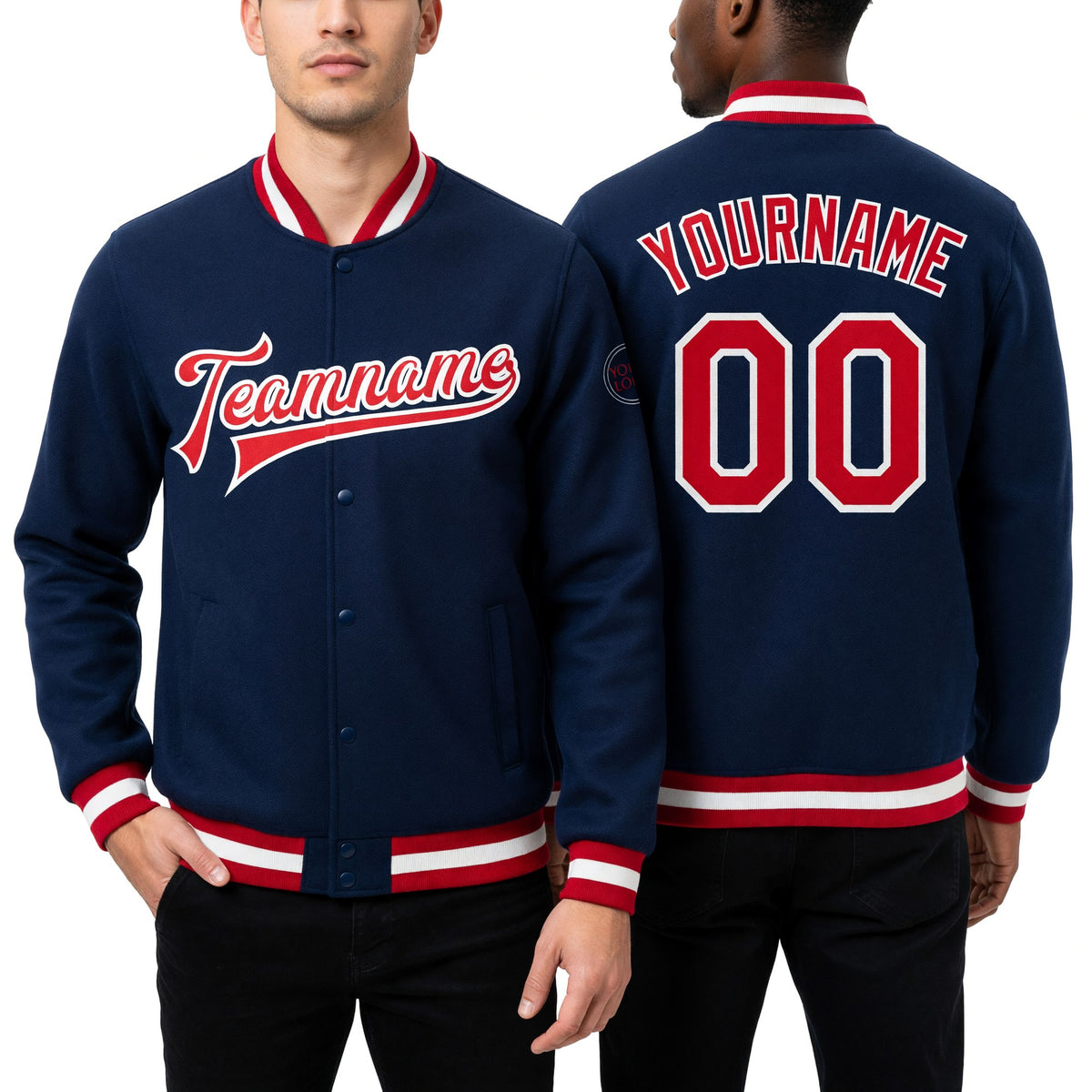 Custom Royal Red-White Bomber Full-Snap Varsity Letterman Jacket worn front and back