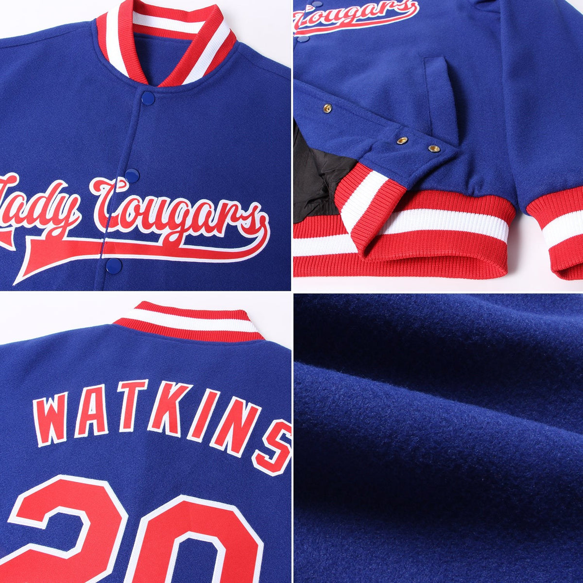 Custom Royal Red-White Bomber Full-Snap Varsity Letterman Jacket photo 4