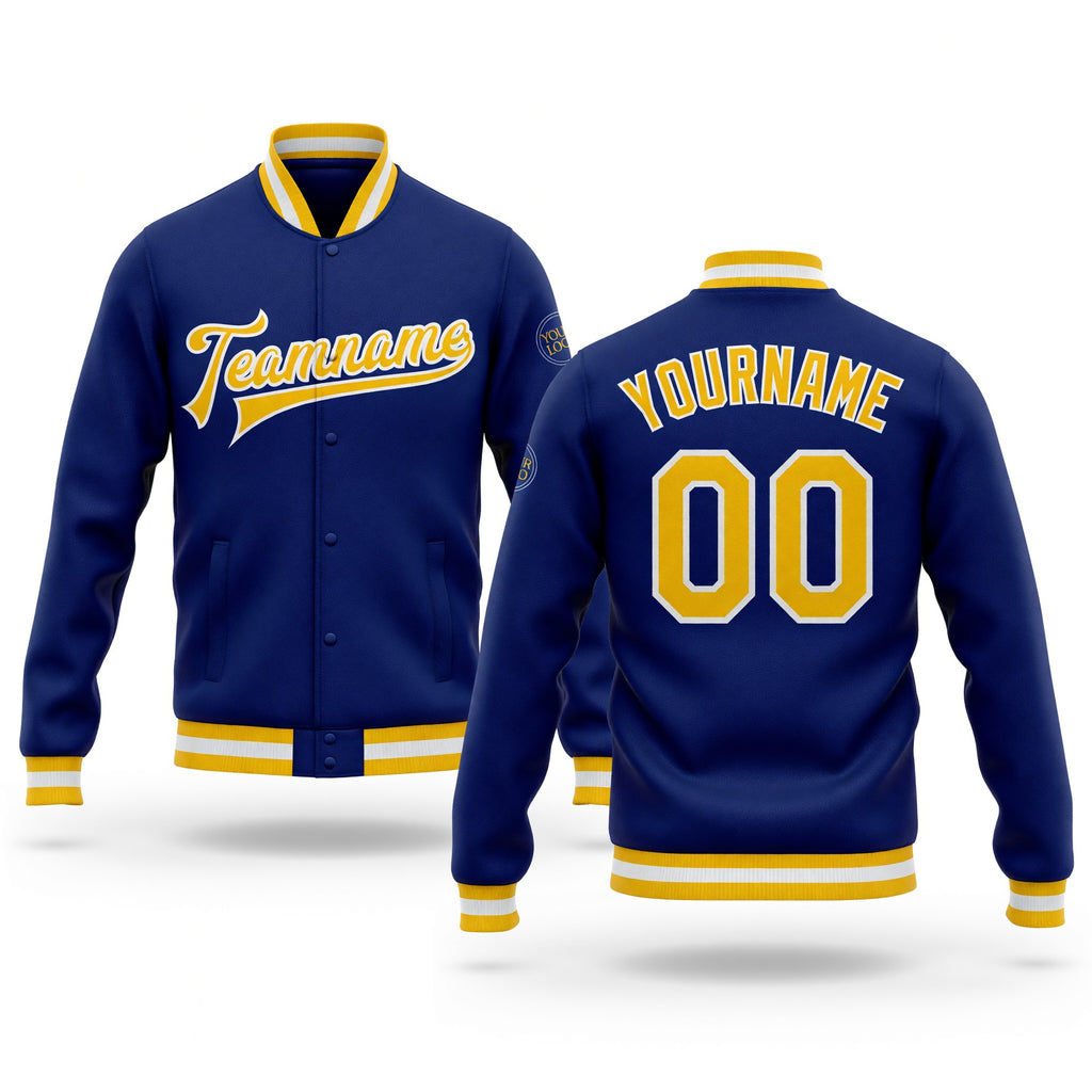Custom Royal Gold-White Bomber Full-Snap Varsity Letterman Jacket