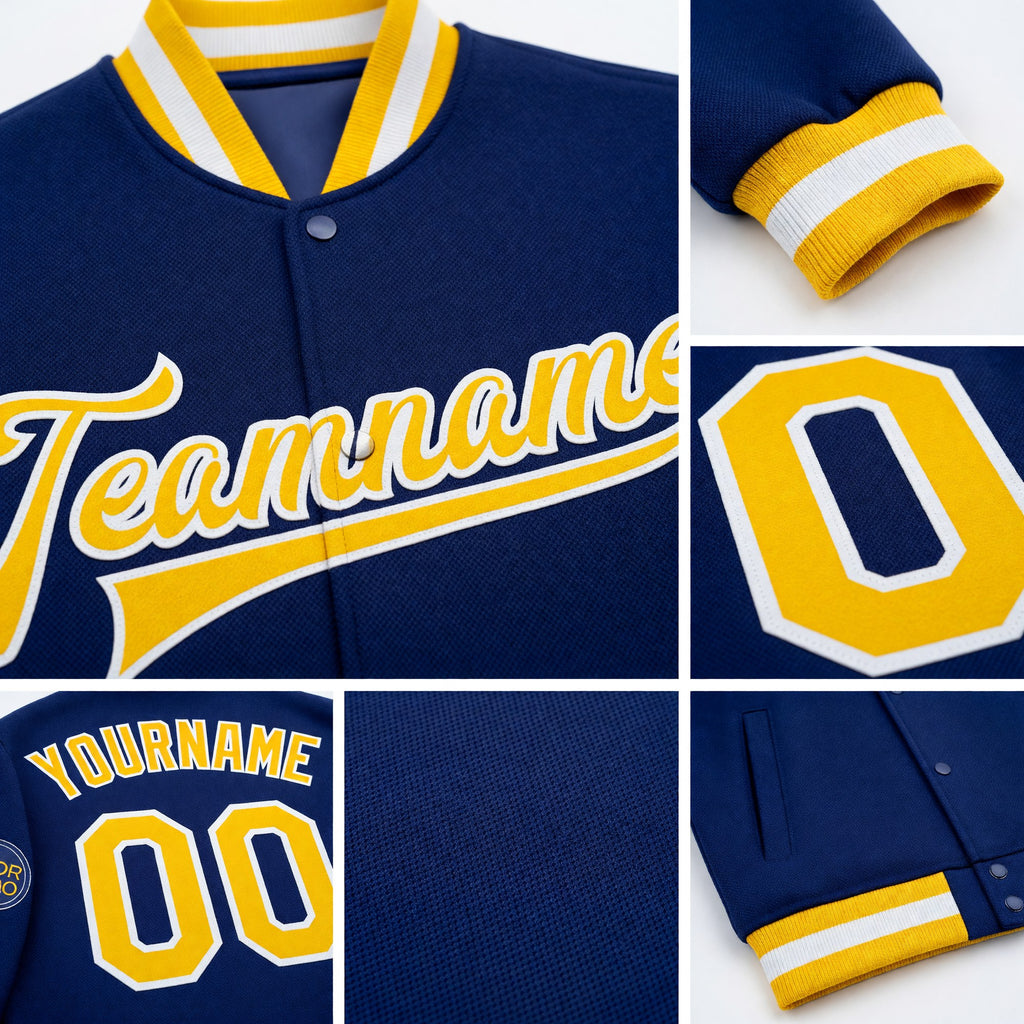 Custom Royal Gold-White Bomber Full-Snap Varsity Letterman Jacket detail
