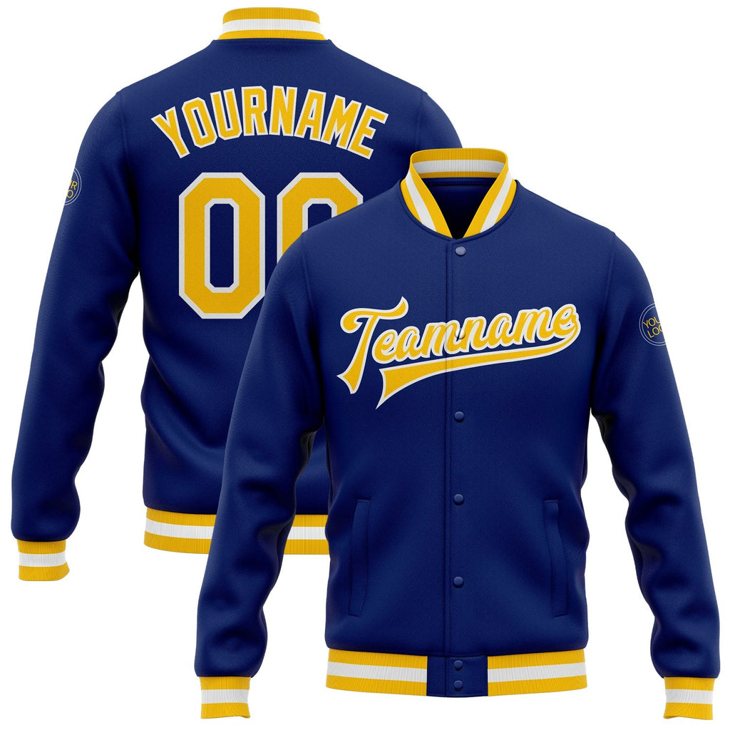 Custom Royal Gold-White Bomber Full-Snap Varsity Letterman Jacket photo 1