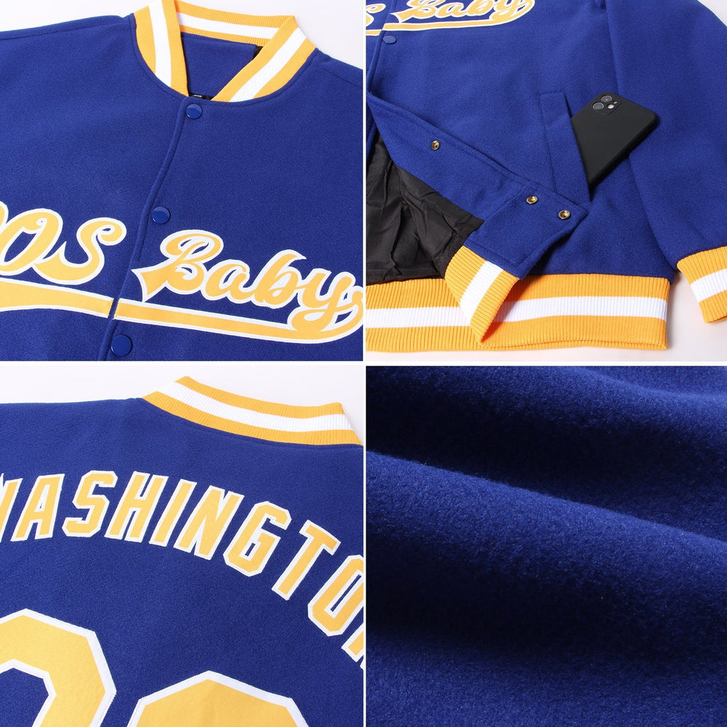 Custom Royal Gold-White Bomber Full-Snap Varsity Letterman Jacket photo 4