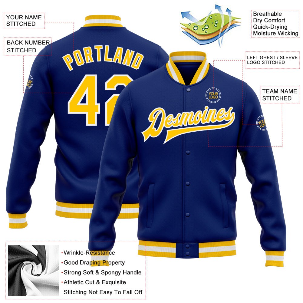 Custom Royal Gold-White Bomber Full-Snap Varsity Letterman Jacket photo 5