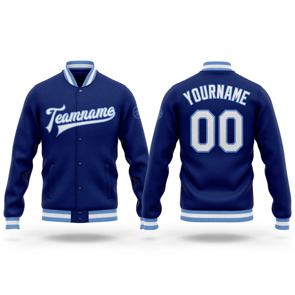 Custom Royal White-Light Blue Bomber Full-Snap Varsity Letterman Jacket