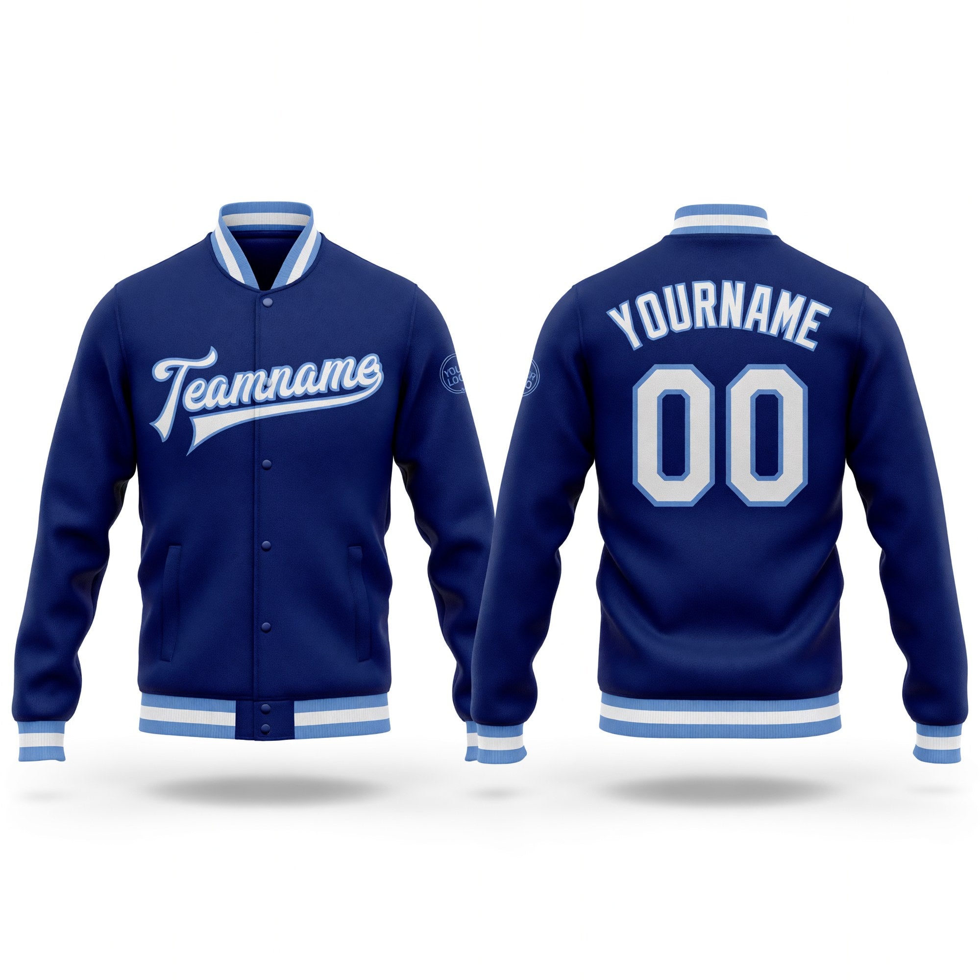 Custom Royal White-Light Blue Bomber Full-Snap Varsity Letterman Jacket