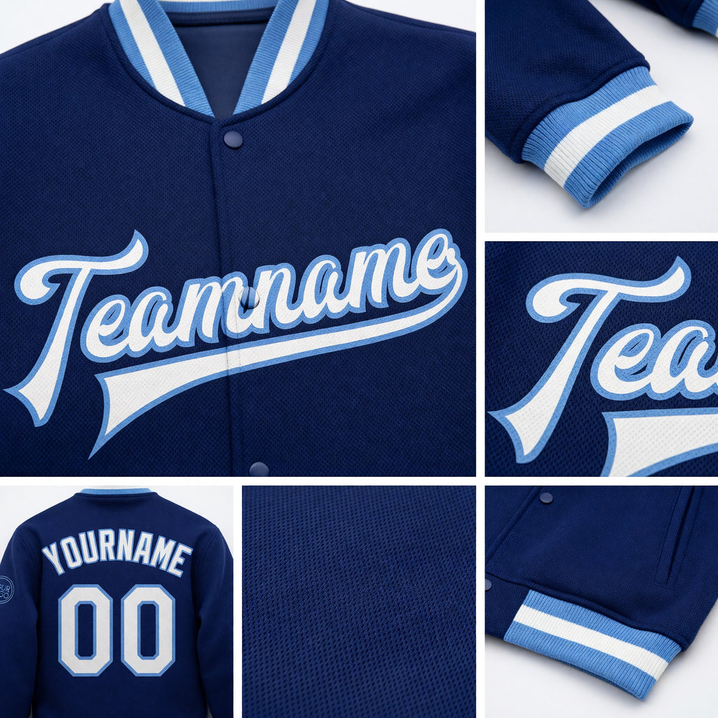 Custom Royal White-Light Blue Bomber Full-Snap Varsity Letterman Jacket detail