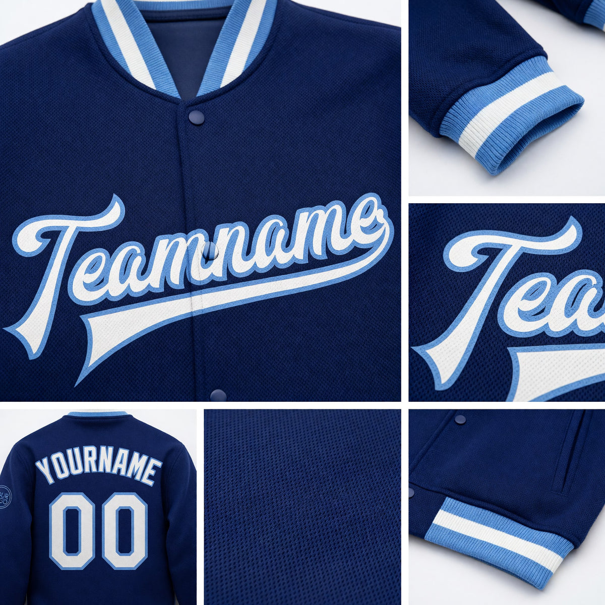 Custom Royal White-Light Blue Bomber Full-Snap Varsity Letterman Jacket detail