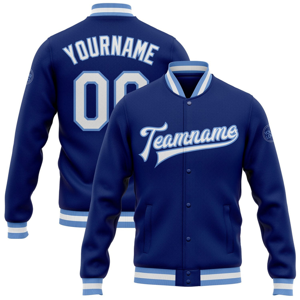 Custom Royal White-Light Blue Bomber Full-Snap Varsity Letterman Jacket photo 1