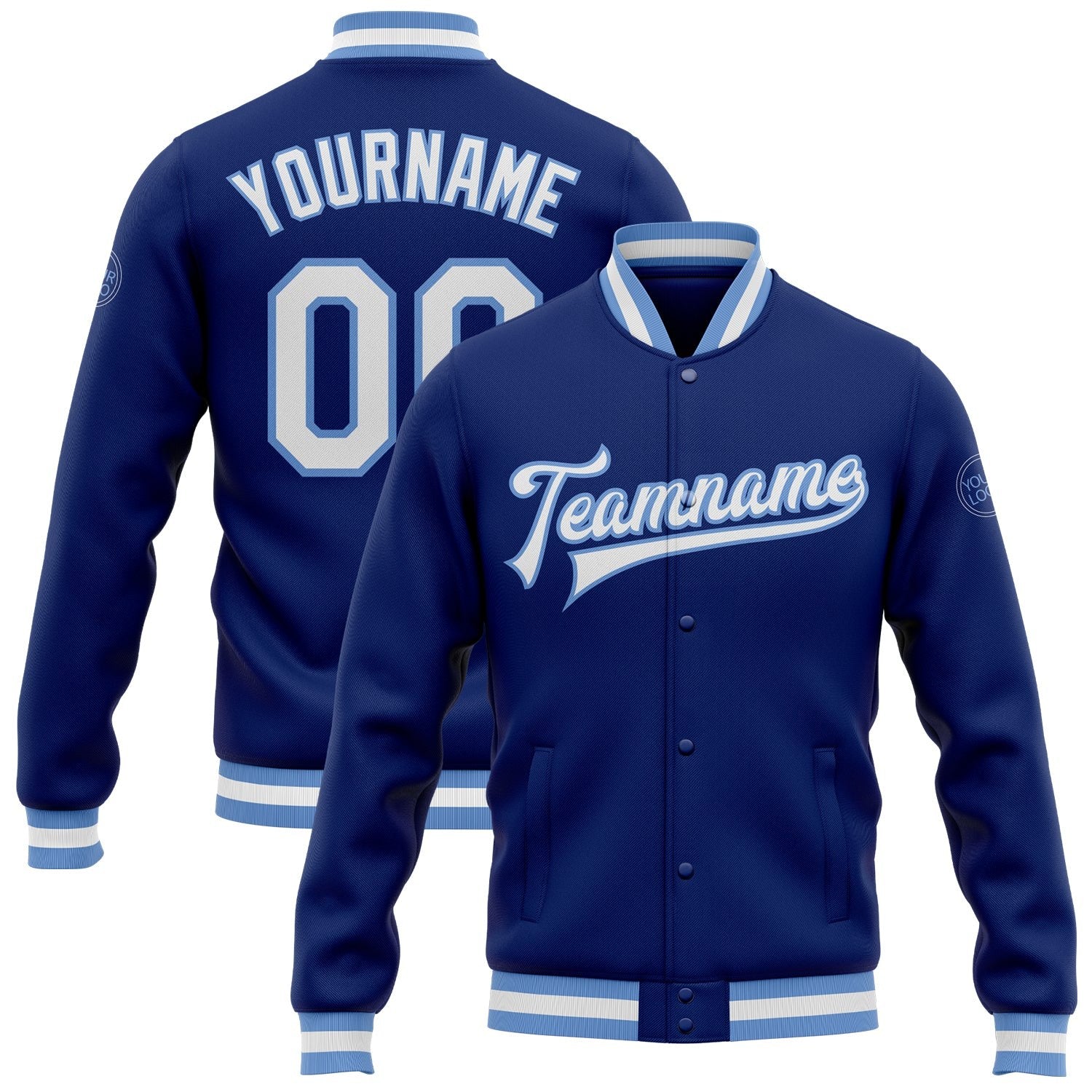 Custom Royal White-Light Blue Bomber Full-Snap Varsity Letterman Jacket photo 1