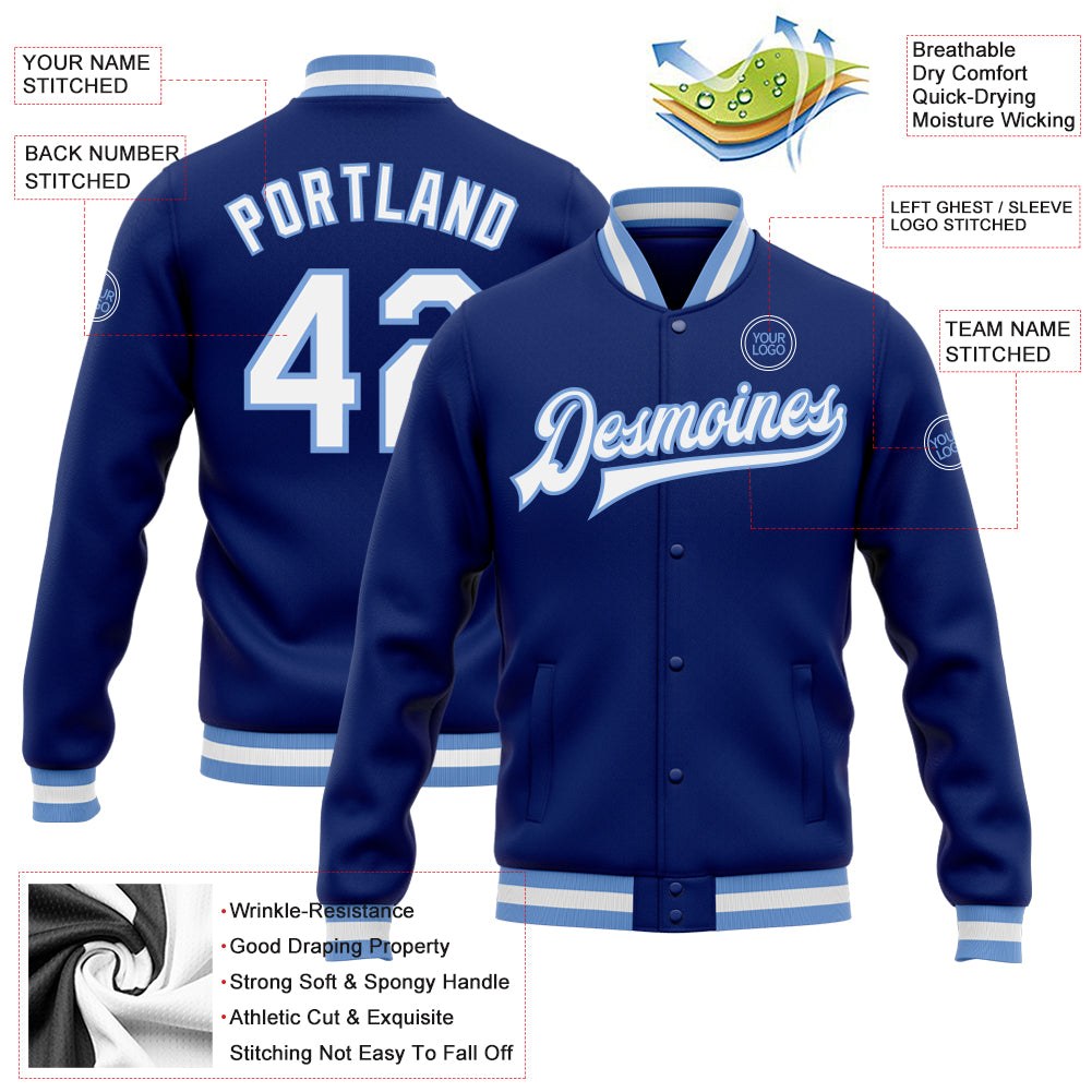 Custom Royal White-Light Blue Bomber Full-Snap Varsity Letterman Jacket photo 5