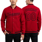 Custom Red Red-Black Bomber Full-Snap Varsity Letterman Jacket worn front and back