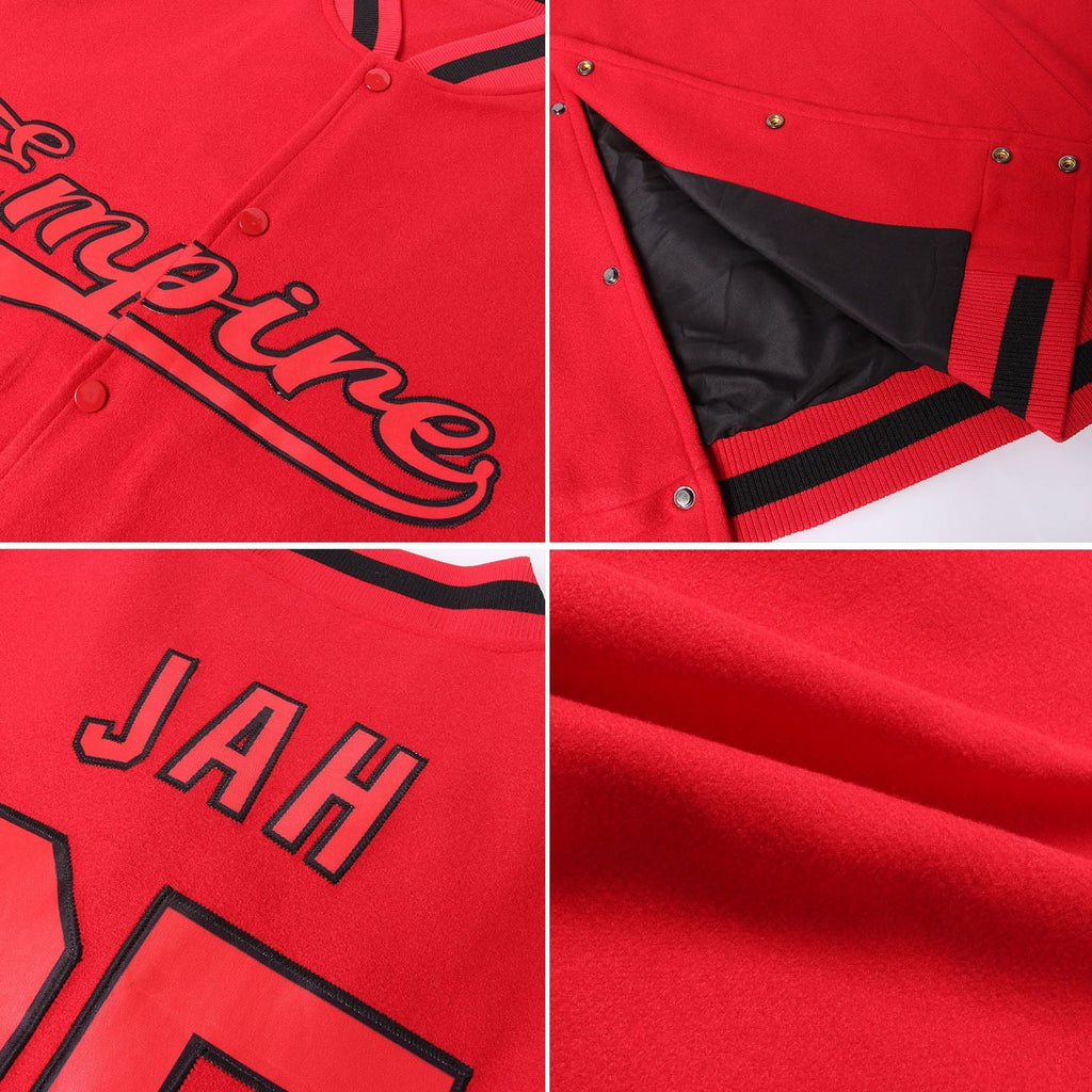 Custom Red Red-Black Bomber Full-Snap Varsity Letterman Jacket photo 4