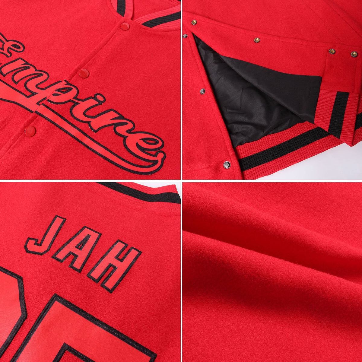 Custom Red Red-Black Bomber Full-Snap Varsity Letterman Jacket photo 4