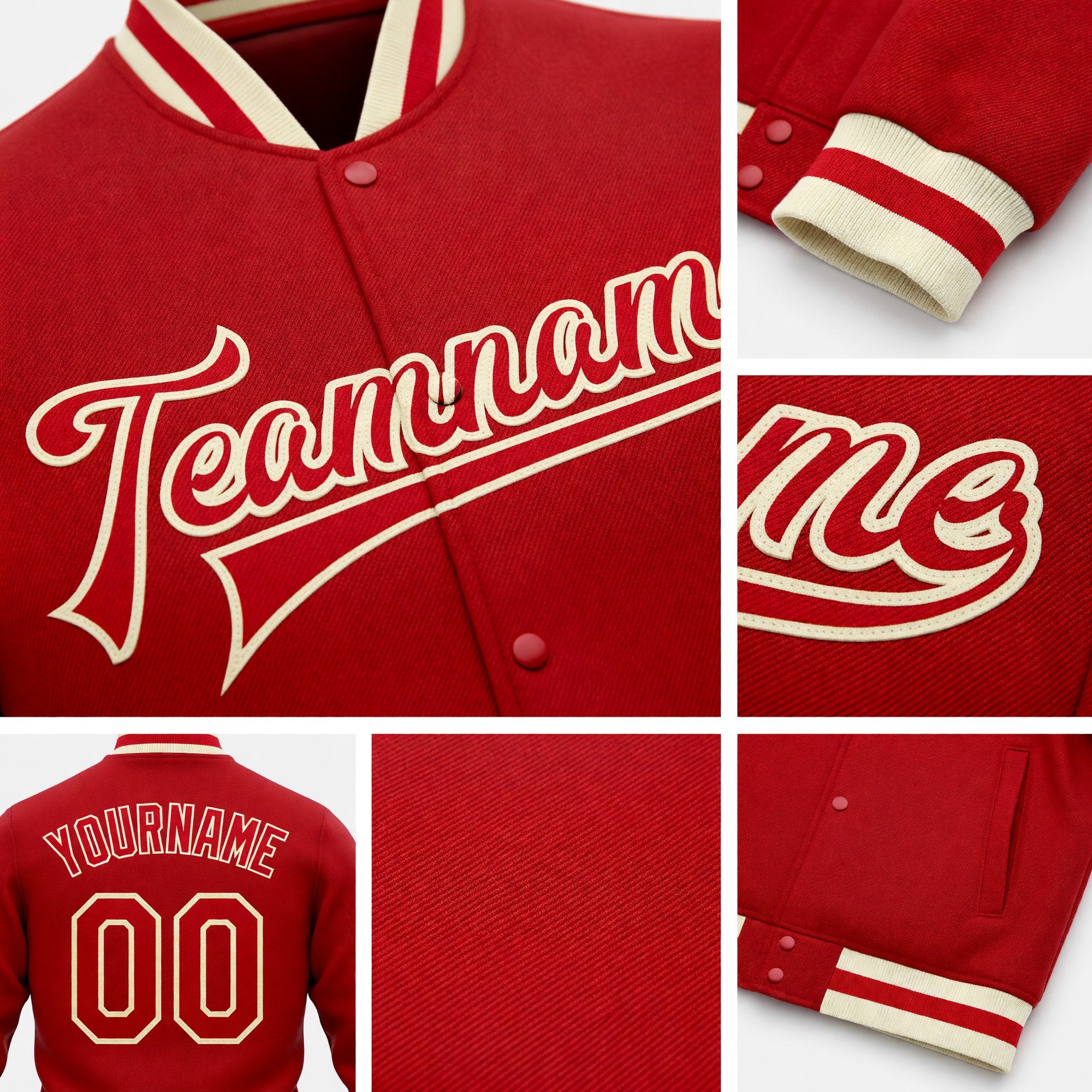 Custom Red Red-Cream Bomber Full-Snap Varsity Letterman Jacket detail