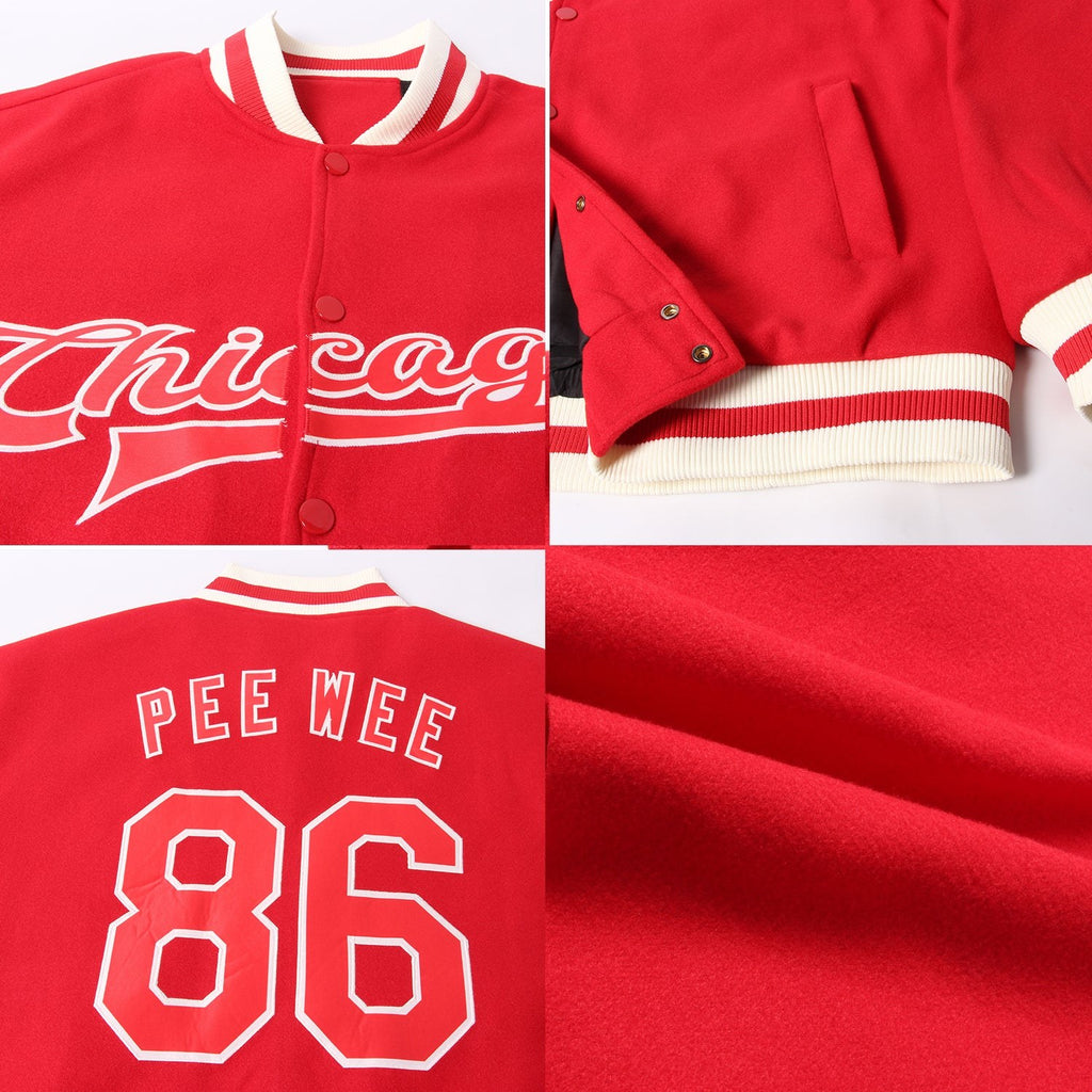 Custom Red Red-Cream Bomber Full-Snap Varsity Letterman Jacket photo 4