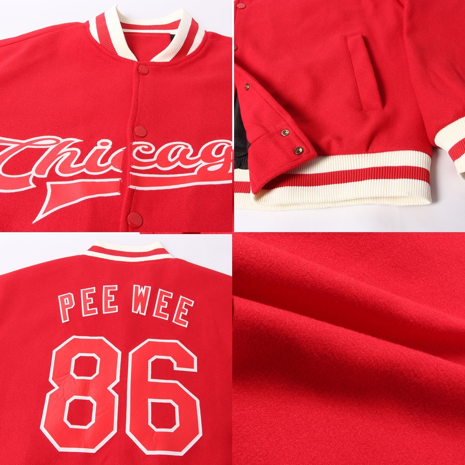 Custom Red Red-Cream Bomber Full-Snap Varsity Letterman Jacket photo 4