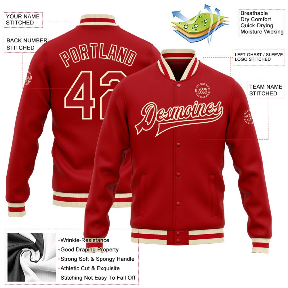 Custom Red Red-Cream Bomber Full-Snap Varsity Letterman Jacket photo 5