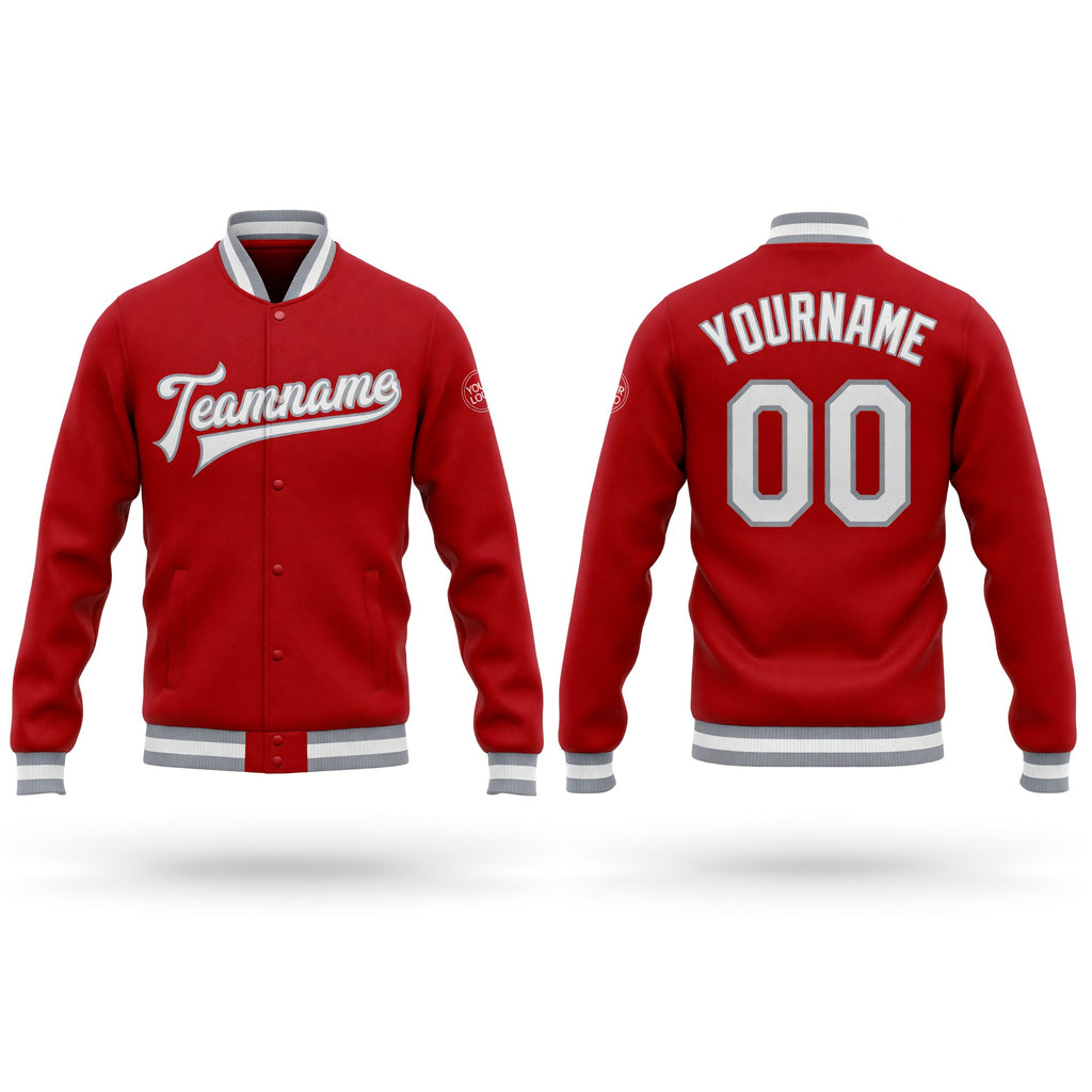 Custom Red White-Gray Bomber Full-Snap Varsity Letterman Jacket