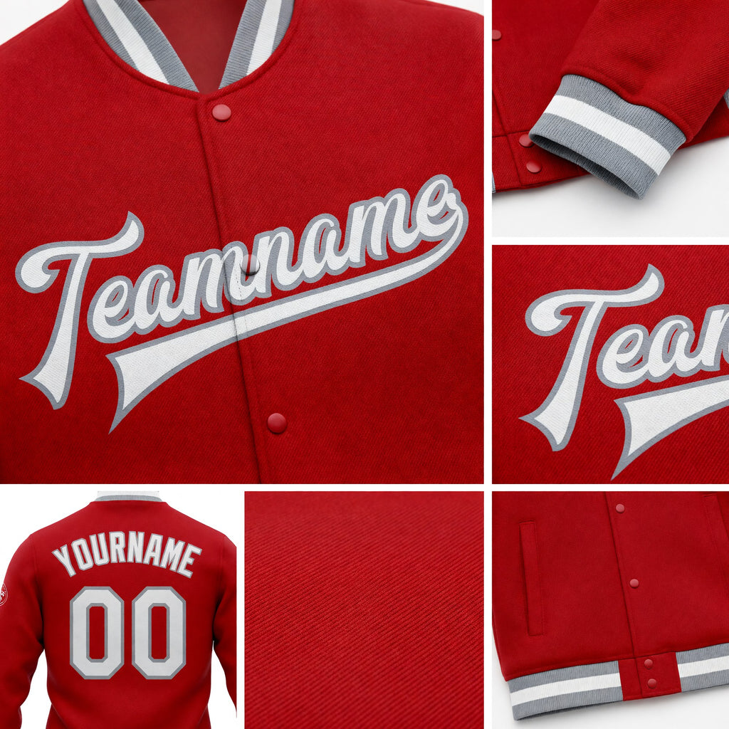 Custom Red White-Gray Bomber Full-Snap Varsity Letterman Jacket detail