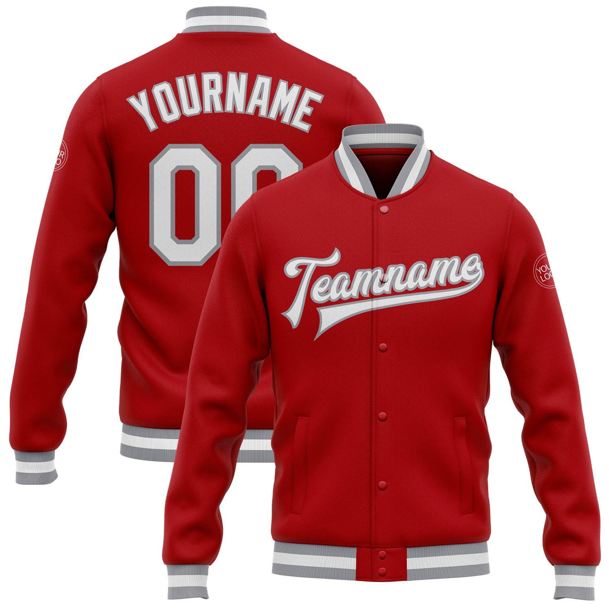 Custom Red White-Gray Bomber Full-Snap Varsity Letterman Jacket photo 1
