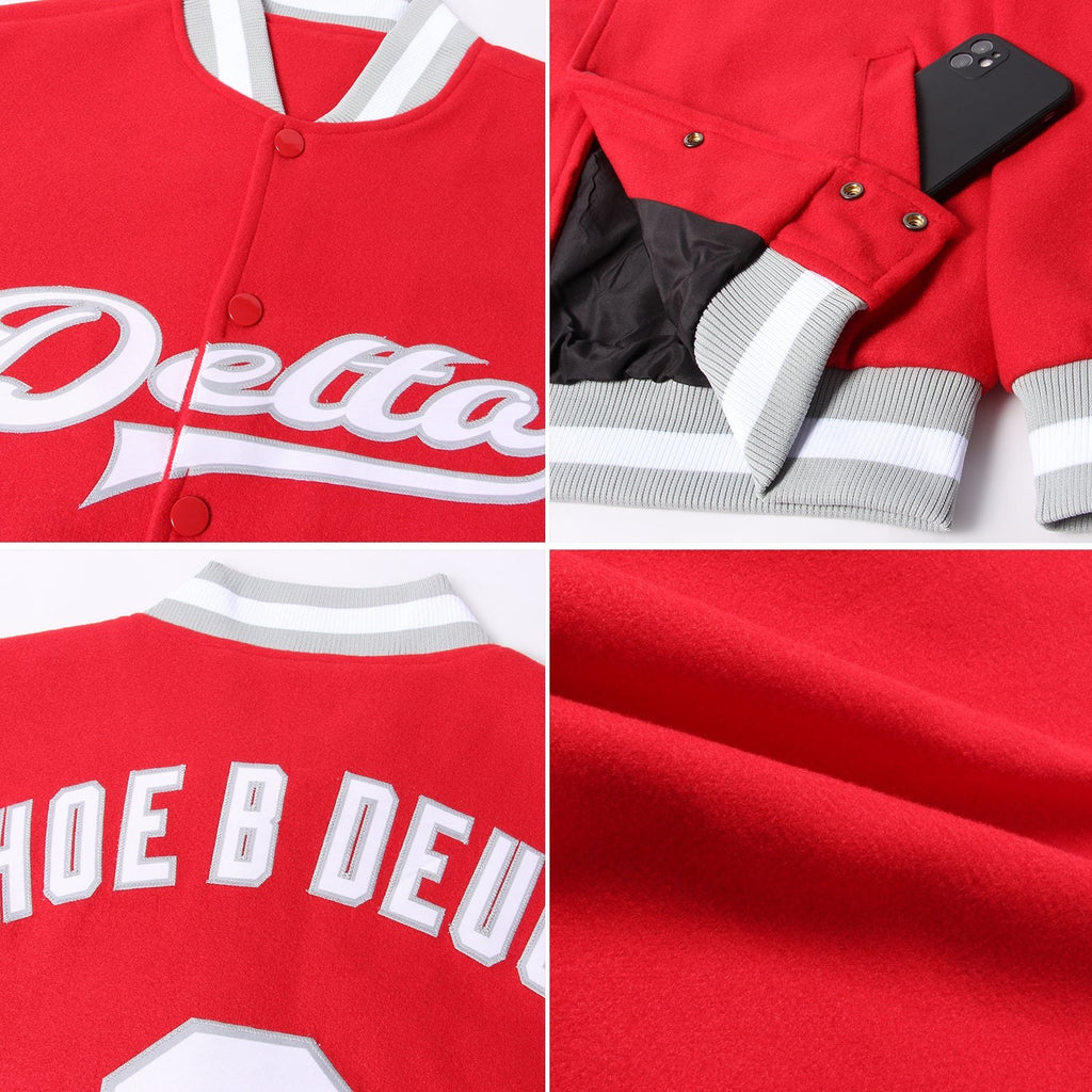 Custom Red White-Gray Bomber Full-Snap Varsity Letterman Jacket photo 4
