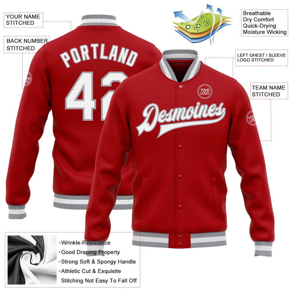 Custom Red White-Gray Bomber Full-Snap Varsity Letterman Jacket photo 5