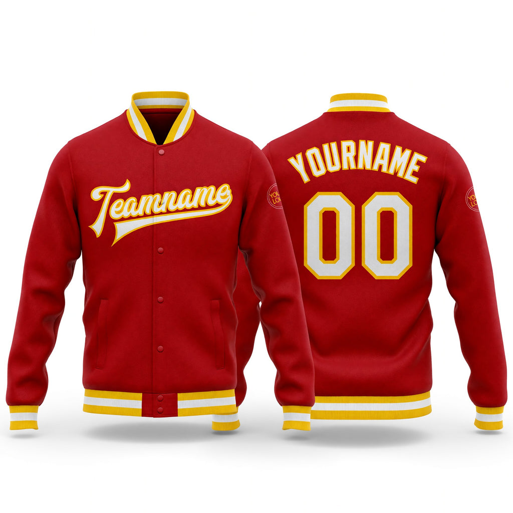 Custom Red White-Gold Bomber Full-Snap Varsity Letterman Jacket
