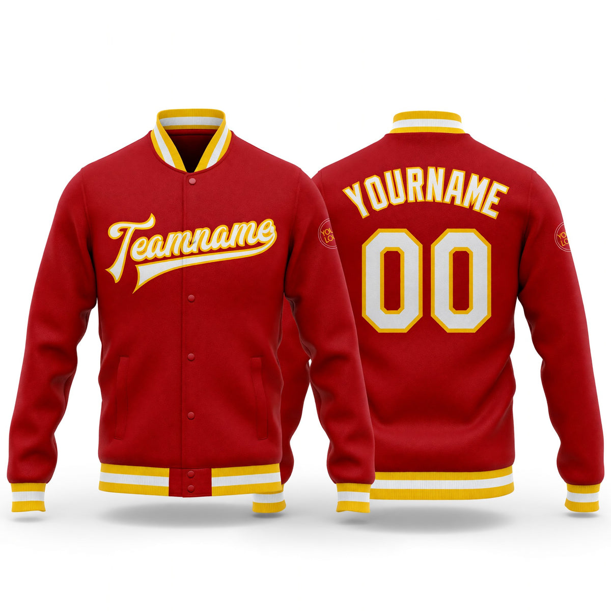 Custom Red White-Gold Bomber Full-Snap Varsity Letterman Jacket