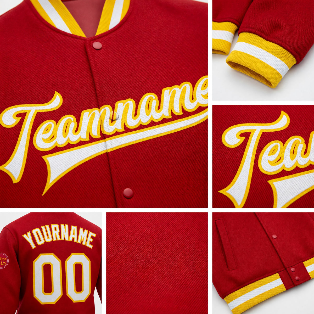 Custom Red White-Gold Bomber Full-Snap Varsity Letterman Jacket detail