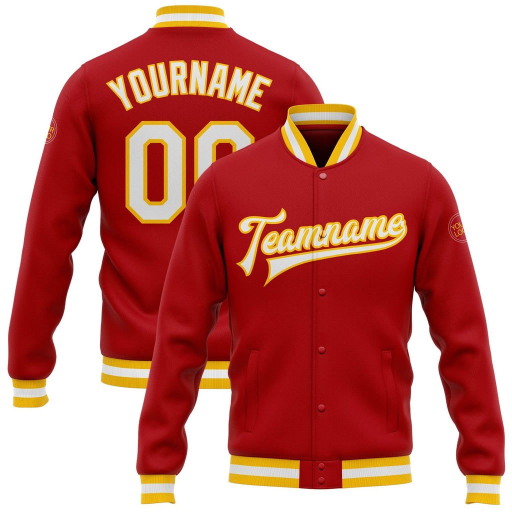 Custom Red White-Gold Bomber Full-Snap Varsity Letterman Jacket photo 1