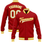 Custom Red White-Gold Bomber Full-Snap Varsity Letterman Jacket photo 1