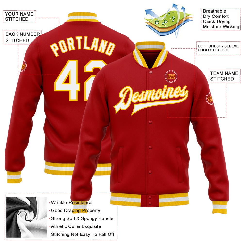 Custom Red White-Gold Bomber Full-Snap Varsity Letterman Jacket photo 5
