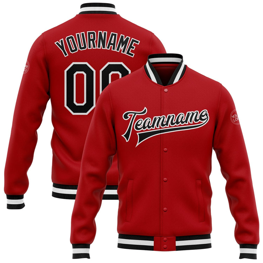Custom Red Black-White Bomber Full-Snap Varsity Letterman Jacket photo 1