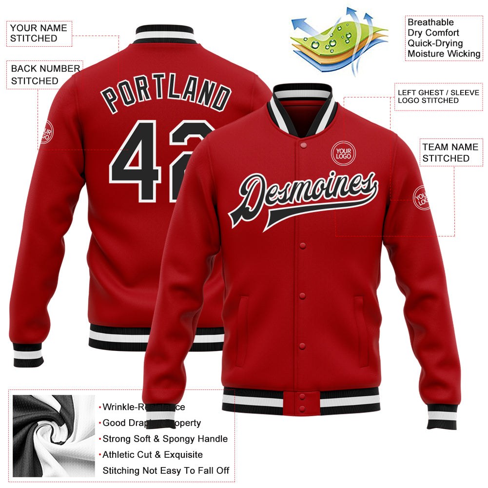 Custom Red Black-White Bomber Full-Snap Varsity Letterman Jacket photo 5