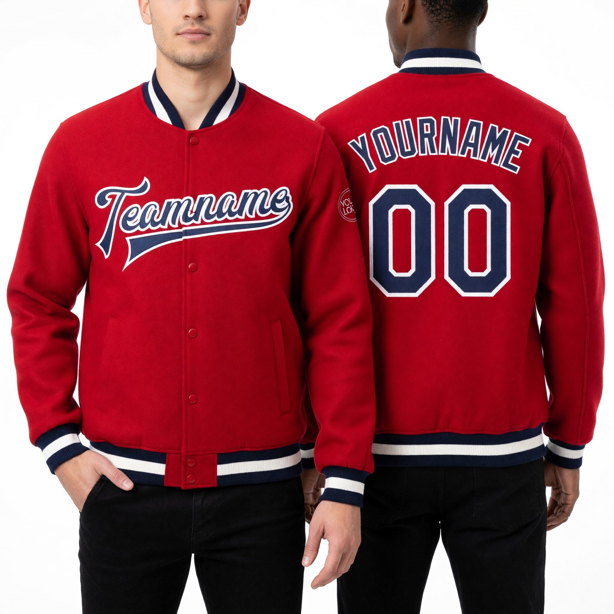 Custom Red Navy-White Bomber Full-Snap Varsity Letterman Jacket worn front and back