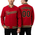Custom Red Black-Old Gold Bomber Full-Snap Varsity Letterman Jacket worn front and back