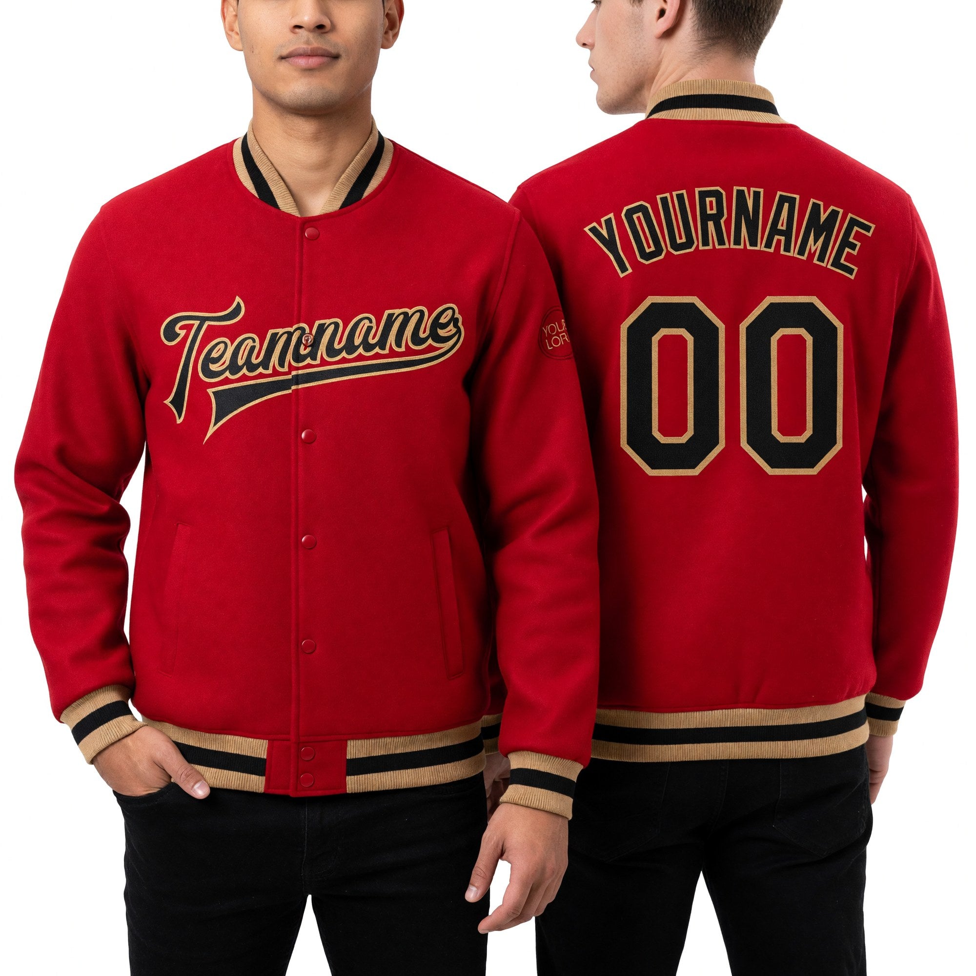 Custom Red Black-Old Gold Bomber Full-Snap Varsity Letterman Jacket worn front and back