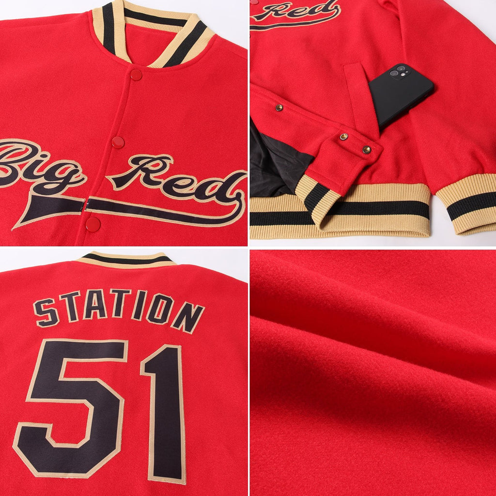 Custom Red Black-Old Gold Bomber Full-Snap Varsity Letterman Jacket photo 4