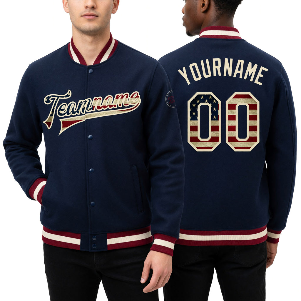 Custom Navy Vintage USA Flag-Cream Bomber Full-Snap Varsity Letterman Jacket worn front and back